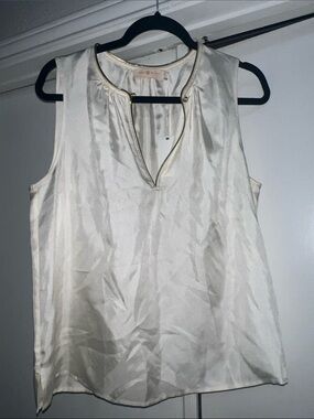 Tory Burch Ivory Satin Sleeveless Shell with Gold Trim